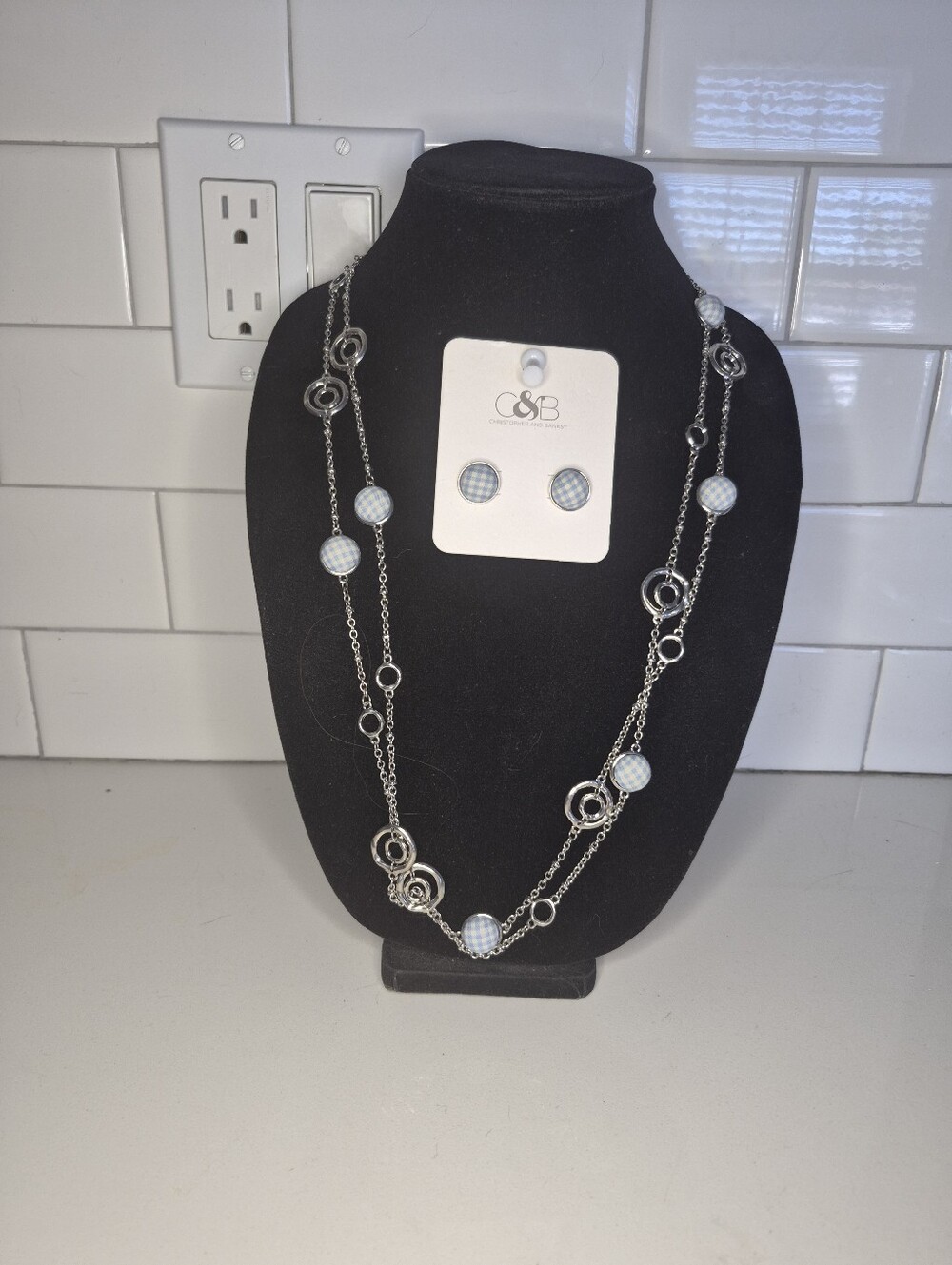 NEW WITH TAGS Christopher And Banks Blue Flannel Studded Earrings And Necklace